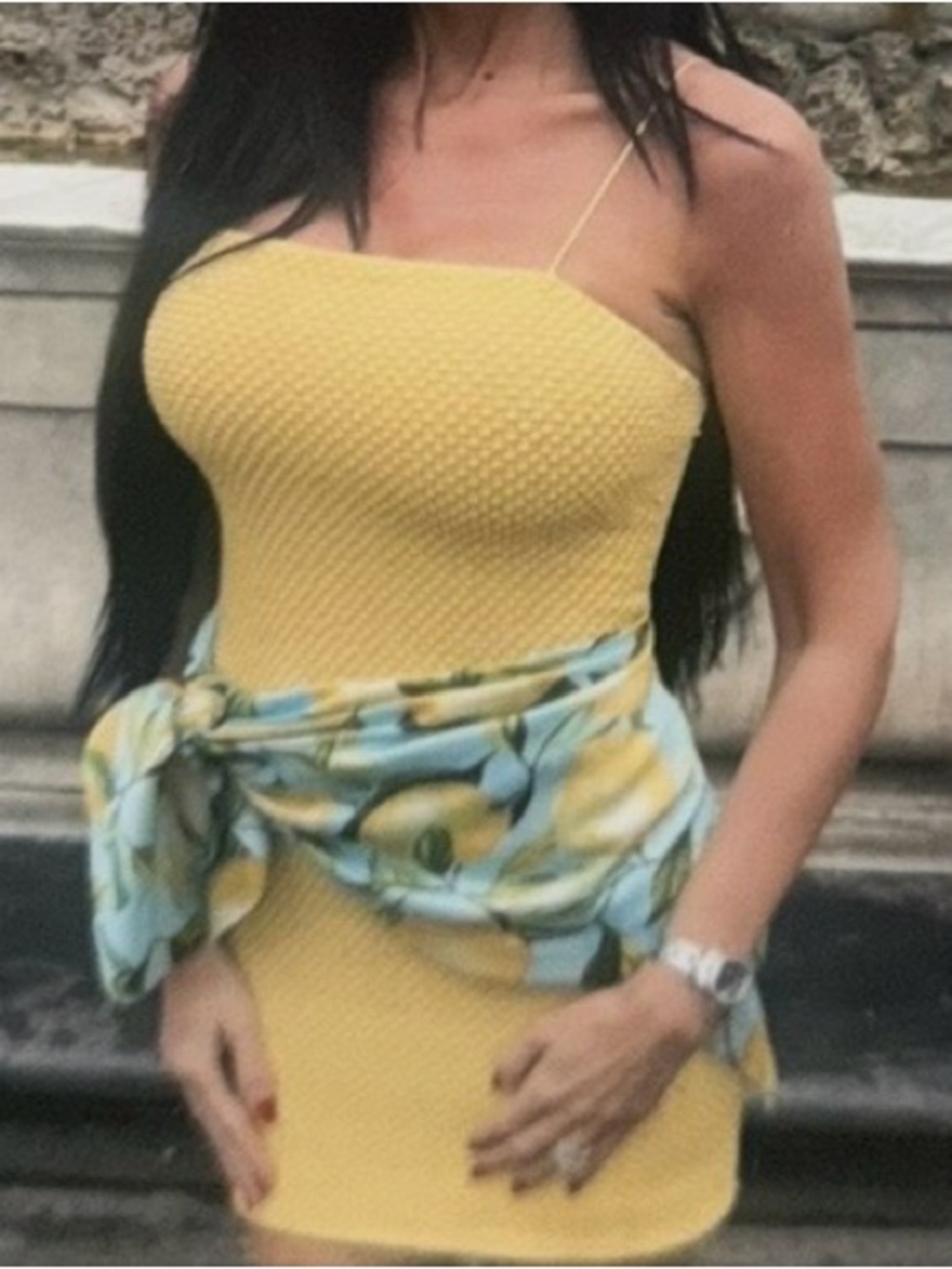 Alice & Olivia Yellow Textured Bodycon Spaghetti Strap Dress, without sash!